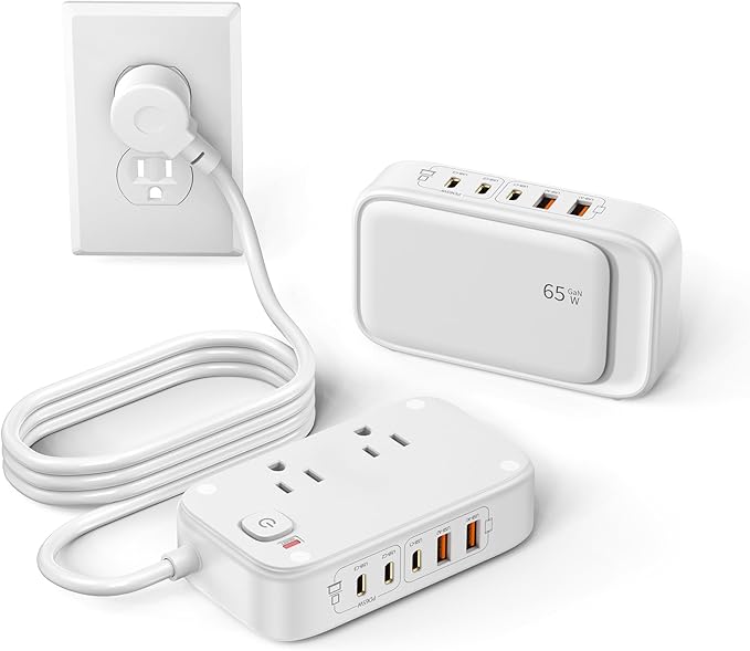 Portable USB Power Strip with 65W PD Fast Charging, 7-in-1 Flat Plug 3 USB-C 2 USB-A Ports 2500W AC Outlets, 175W Total Extension Cord for Home/Office/College/Travel (White)
