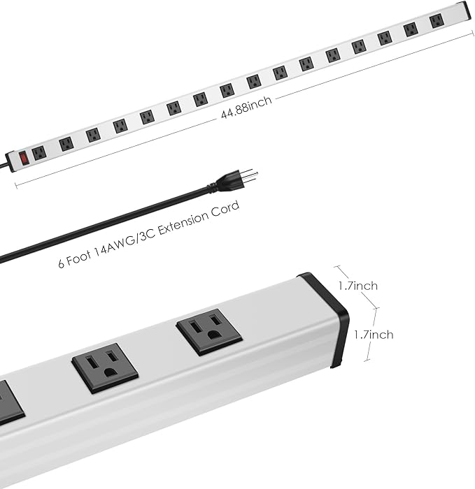 JUNNUJ Long Metal 16 Outlet Power Strip, Wide Spaced Garage Industrial Heavy Duty Power Strip with 6 FT Cord 15A, 125V, 1875W-Silver