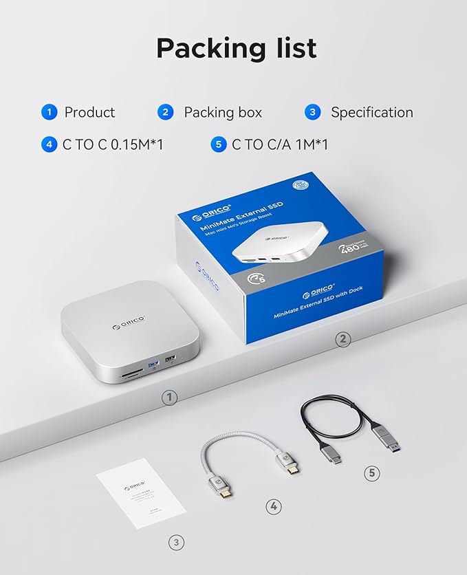 ORICO MiniMate SE Mac mini M4 1TB Storage & Docking Station, External SATA SSD (Non-Removable) 5Gbps(480MB/s), USB A*4, USB-C, SD/TF 3.0, 3.5mm Audio, Includes 2 Cables – M4SE