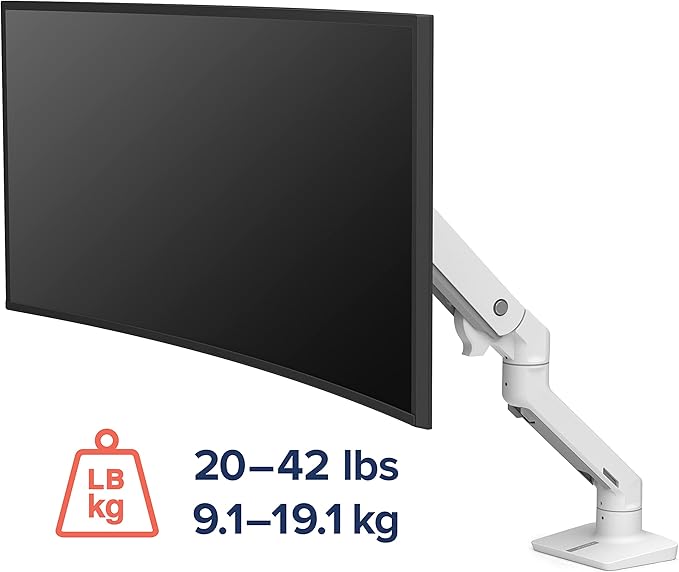 Ergotron – HX Premium Heavy Duty Monitor Arm, Single Monitor VESA Desk Mount – for Flat or Slight Curved Ultrawide Monitors Up to 49 inches, 20 to 42 lbs – Standard Pivot, White