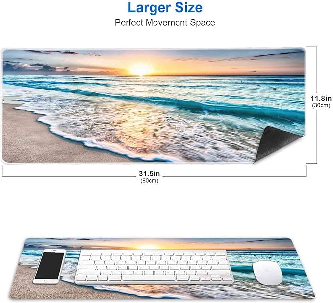 IMAYONDIA Large Mouse Pad, Non-Slip Rubber Base Mousepad with Stitched Edges, Keyboard Mouse Mat Desk Pad for Work, Game, Office, 31.5x11.8 Inch - Sunset or Sunrise Beach