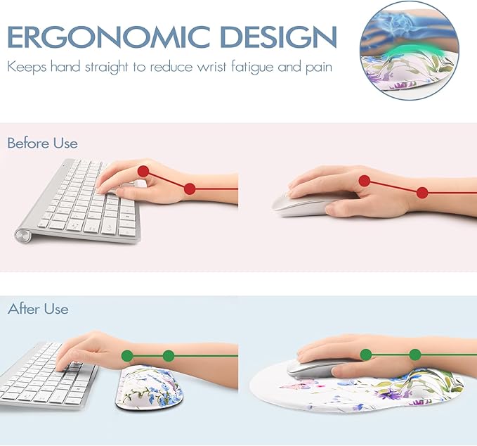 Keyboard Wrist Rest, Ergonomic Mouse Pad Wrist Support, Memory Foam Wrist Rest, Anti-Slip Base,Weeds Mousepad with Coaster for Computer Keyboard Office Home, Beautiful Floral White