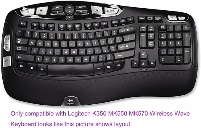 Ultra Thin Desktop PC Silicone Keyboard Cover Skin Protector Compatible with Logitech K350 MK550 MK570 Wireless Wave Keyboard (NOT for Other Desktop Keyboards) (Black)
