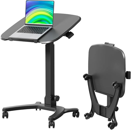 Foldable Mobile Standing Desk, 27"×21" Portable Rolling Laptop Cart with 90° Tiltable Board, Height Adjustable Mobile Desk Workstation with Wheels, Folding Table for Home Office, Black