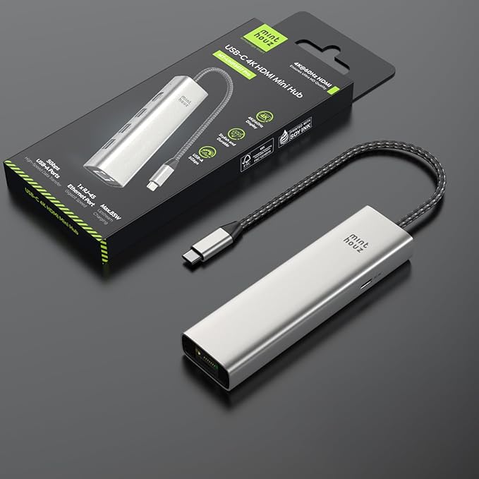 Minthouz 6-in-1 USB C Hub, 4K@60Hz HDMI, 100W PD Charging, 5Gbps USB-A Ports, 1000Mbps Ethernet, Compatible with MacBook Neo, M1/M2/M3, Surface, HP, Lenovo Laptops