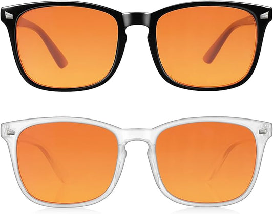 2 Packs Professional Sleep Glasses with 98.7% Blue Light Blocking Dual AR Coatings Amber Lens, Computer Gaming Glasses for Men Women, Anti Fatigue & Eye Strain