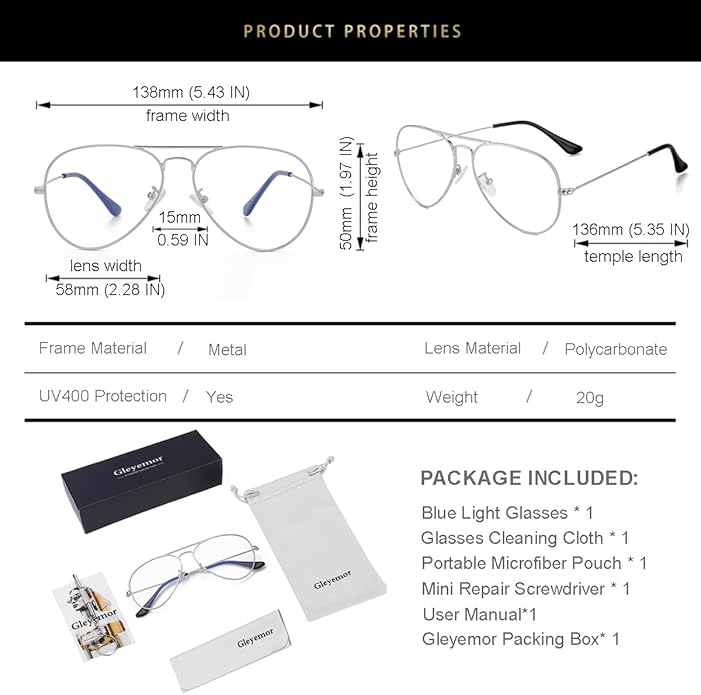 Gleyemor Blue Light Aviator Glasses for Women Men, Metal Frame Anti Blue Light Lens Computer Glasses