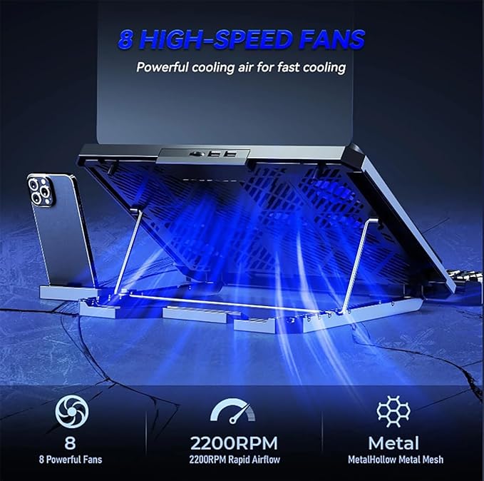 Laptop Cooling pad for Hp Chromebook x360 11 G4 Education Edition Gaming laptops, Laptop Cooler with 8 Fan, Adjustable Speed, 5-Level Height Adjustment, Mute Silent,2 USB-A Port，Built-in Phone Stand