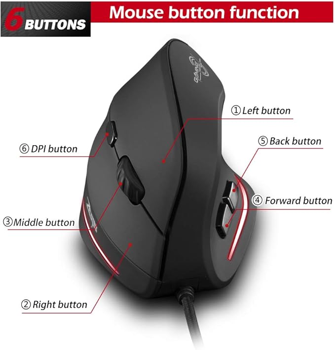 Zelotes T20 Ergonomic Vertical Mouse, 3200 DPI 6 Buttons LED Optical USB Wired Gaming Mouse for Gamer, Notebook, PC, Mac, Desktop, Laptop (Black)