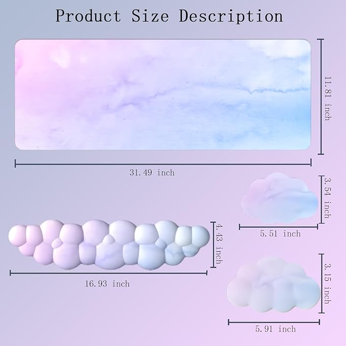 Cloud Mouse Pad and Keyboard Wrist Rest 4PCS Extended Large Desk Mat Pad Set Memory Foam Non-Slip Ergonomic Gaming Mouse Pad Wrist Support for Computer Laptop Home Office Cute Pink Blue Sky