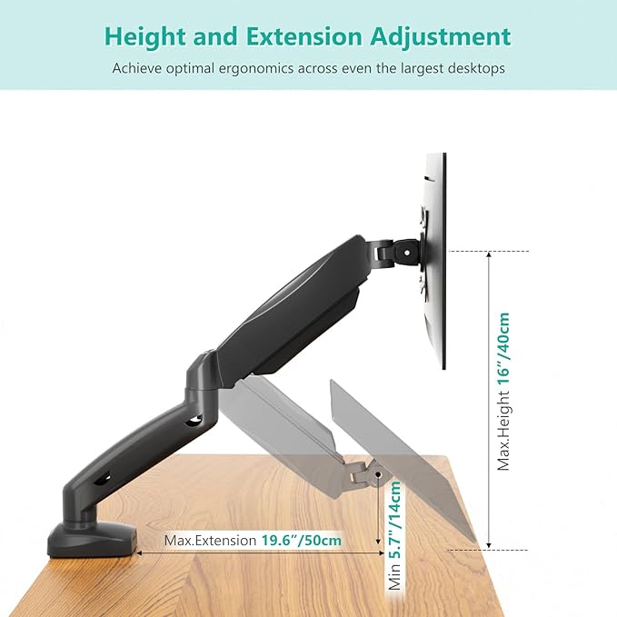 WALI Single Monitor Arm for 17-32 inch Screens, Adjustable Gas Spring Single Monitor Mount Holds 19.8lbs, Computer Monitor Stand for Desk, Clamp and Grommet Base, VESA 75/100mm (GSMP001), Matte Black