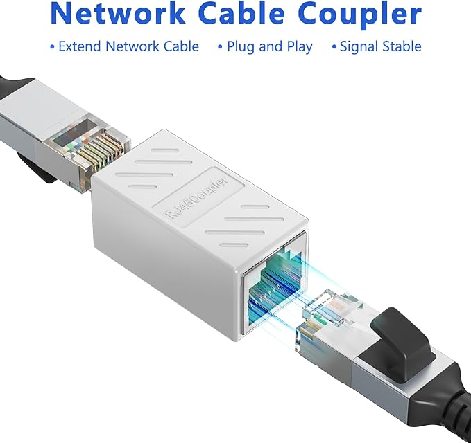 Jadaol RJ45 Coupler [UL Listed], Gold Plated Ethernet Cable Extender with PoE Support, 328ft Long Distance Extend, Female to Female Coupler for Cat8 Cat7 Cat6a Cat6 Cable (White, 1Pack)