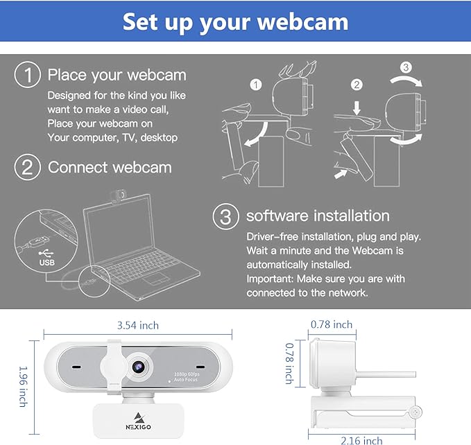 NexiGo N660P (Gen 2) 1080P 60FPS Webcam with Software Control, Dual Microphone & Cover, Autofocus, HD USB Computer Web Camera, for OBS/Zoom/Skype/FaceTime/Teams/Twitch, White