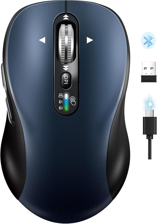 Bluetooth Wireless Mouse for Laptop,USB+BT×2,USB-C Charging,Quiet Multi Device Mouse,Metal 4-Way Super Scrolling,± 3200 DPI,10 Button,Plug&Play,Ergo Computer Cordless Mice,for iPad/Tablet/Mac/PC/Phone