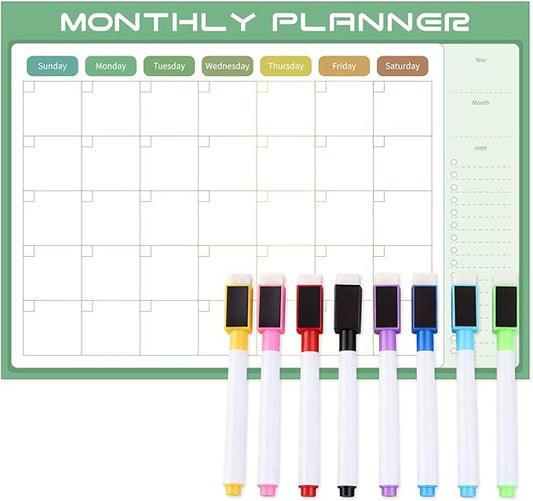 Magnetic Dry Erase Calendar for Refrigerator 16"×12" with 8 Markers & Eraser, Strong Magnet White Board, Large Family Planner for Busy Moms (Green)