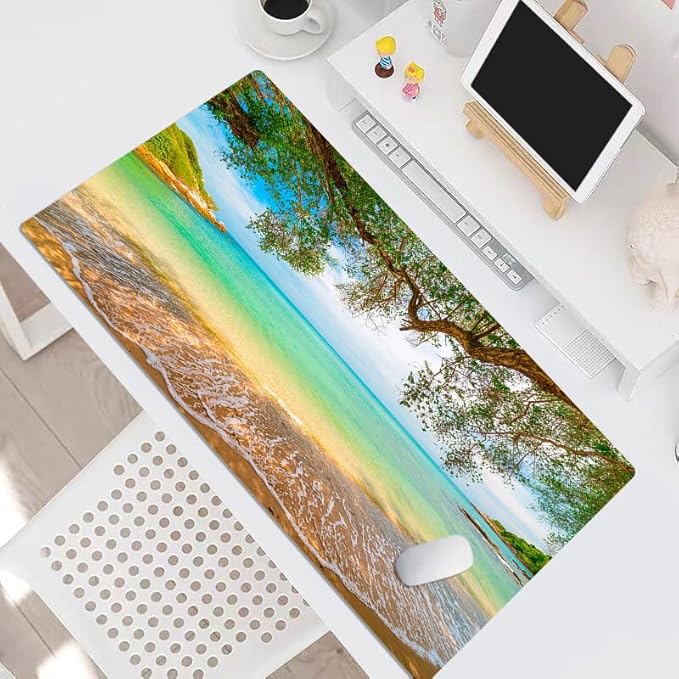 EOBTAIN Beach Mouse Pad Nature Large Extended Gaming Mouse and Keyboard Pad 31.5x15.7 Inch Non-Slip Rubber Extended XXL Mousepad for Office Laptop Computer and Home Desk Mat with Stitched Edges