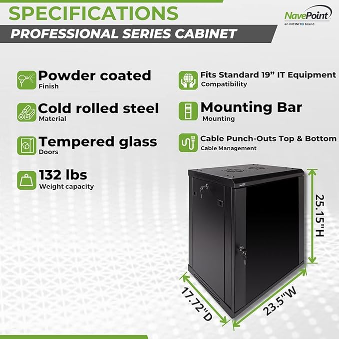 NavePoint 12U Wall Mount Network Cabinet for 19” IT Equipment, A/V, Tempered Glass Door, Locks, 2 Fans, 450mm Depth, Max Weight 132 lbs