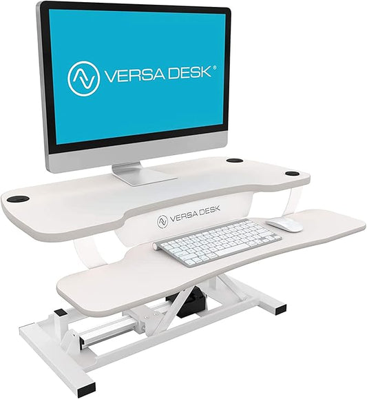 VERSADESK® PowerPro™ Electric Standing Desk Converter - Height Adjustable Desk Riser with Keyboard Tray - Holds 80 lbs - Built-in USB Charging Port - Ergonomic Sit Stand Workstation | White (36 inch)