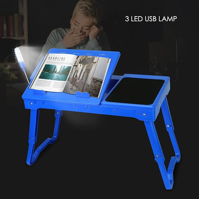 Foldable Laptop Table with Cooling Fan, LED Light, 4 x USB Ports, Mouse Pad & Storage Groove for Laptop Use in Home Office