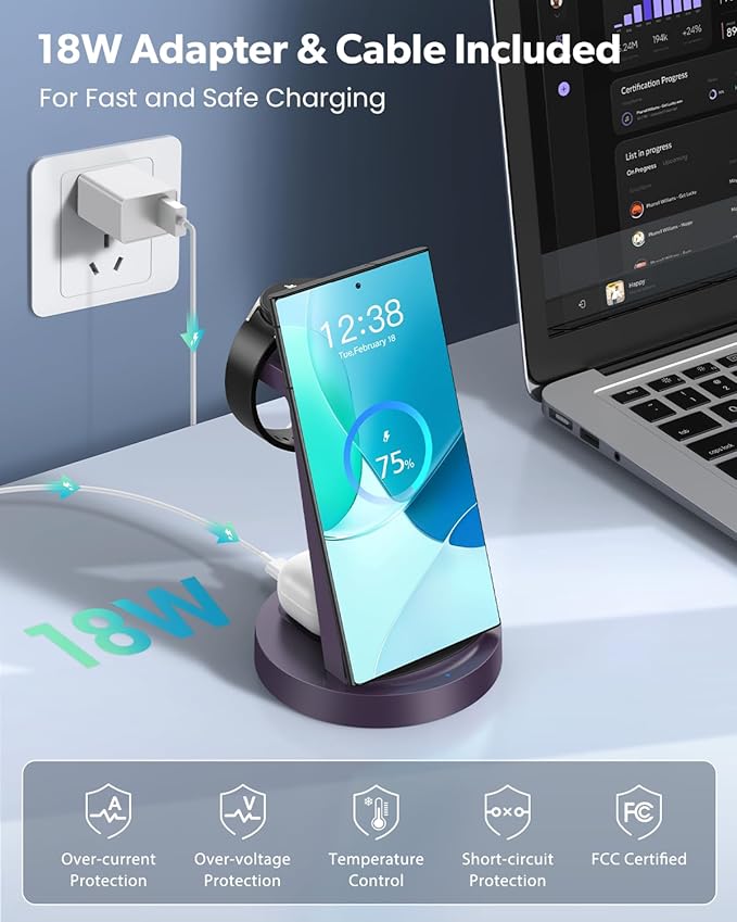 Wireless Charger for Samsung: 3 in 1 Wireless Charging Station for Samsung Galaxy Watch 8 7 6 5 4 3 Pro Classic Galaxy Buds - Charger Dock Stand for S26 S25 S24 Ultra S23 S22 S21 Note Z Fold Android