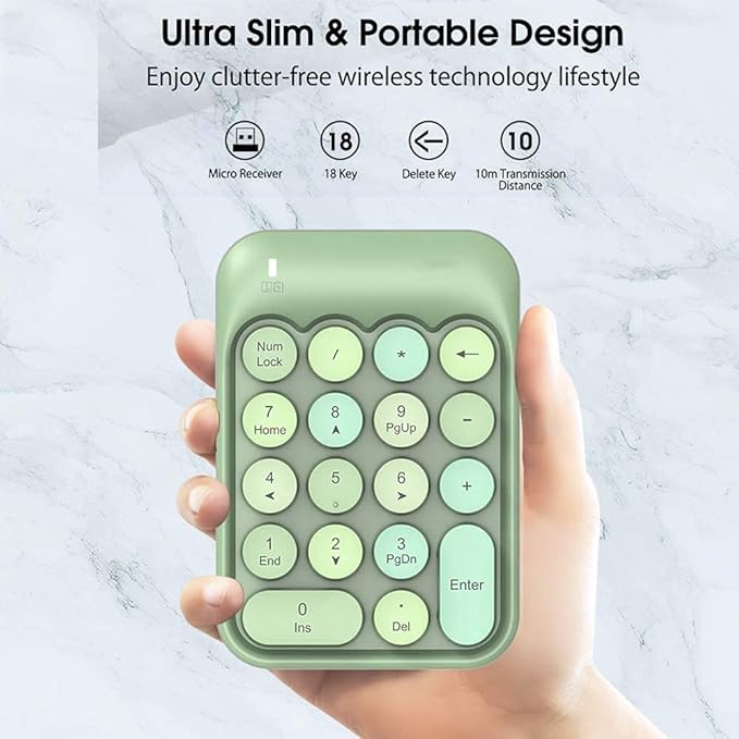 FELICON Wireless Numeric Keypad 18 Keys with 2.4G Mini Portable Silent Number Pad USB Receiver Financial Accounting Keyboard Extensions for Laptop Desktop PC Pro（Green Mix）