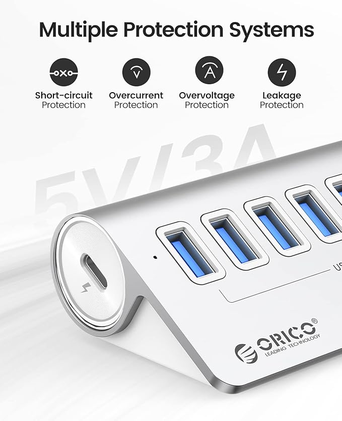 ORICO USB 3.2 Hub 10Gbps with 7 USB A Ports, USB 3.2 Gen 2 Hub with 3.28Ft USB-A to USB-C Cable, Desk USB Splitter for MacBook, Mac Pro/Mini, iMac, Surface Pro Laptop/PC