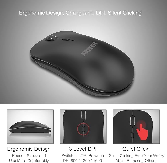 Arteck 2.4G Wireless Mouse with Nano USB Receiver Ergonomic Design Silent Clicking for Computer/Desktop/PC/Laptop and Windows 10/8/7 Build in Rechargeable Battery (Black)