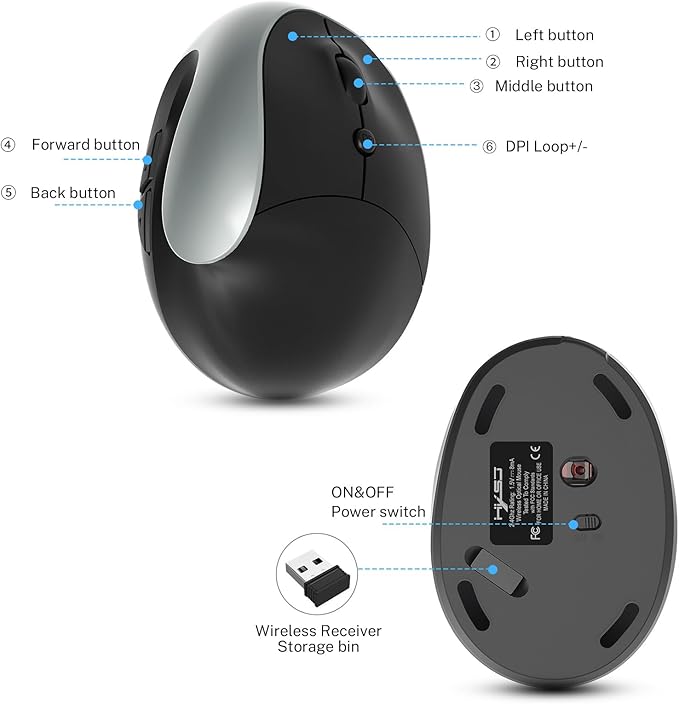 Ergonomic Mouse,Rechargeable Small Vertical Mouse with 6 Buttons Adjustable 800/1200/1600 DPI Purple Wireless Mouse for Laptop, Desktop, PC, MacBook (Gray)