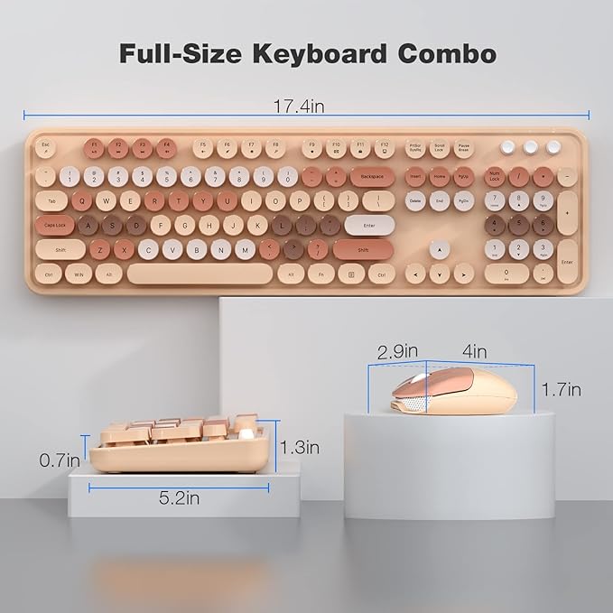 Wireless Keyboard and Mouse Combo, MOWUX Colorful Computer Full Size 2.4G Plug and Play Wireless Typewriter Keyboard and Mouse Set for Windows, Computer, Desktop, PC, Notebook (Milk Tea Colorful)