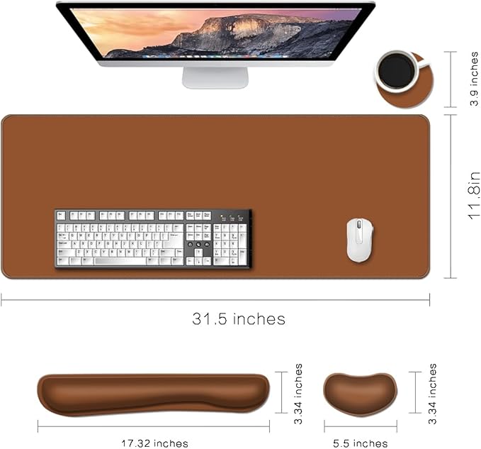 Desk Mat, Large Gaming Mouse Pad with Wrist Rest, 4 in1 XXL Mouse pad+Keyboard Wrist Rest+Mouse Pad Wrist Support+Cup Coaster Set, Ergonomic Desk Pad for Home Office, Coffee Brown