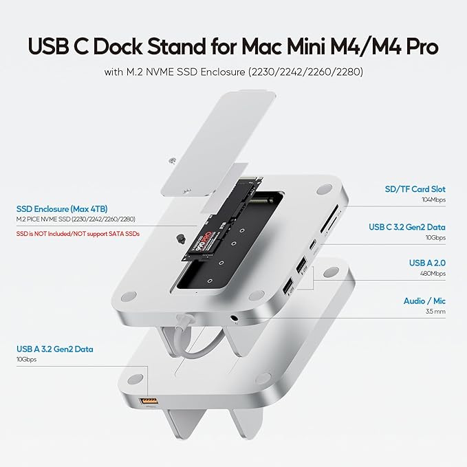 Mac mini M4 Dock with 4TB M.2 SSD Enclosure, 8-in-1 Aluminum Vertical USB-C Hub for Mac mini M4 Pro Hub Stand with USB-A/C 3.2 10Gbps, 2xUSB-A 2.0, 3.5mm Audio, SD/TF (SSD NOT Included)