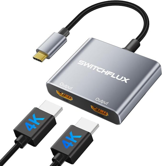 USB C to Dual HDMI Adapter, 4K@60Hz Dual Monitor Adapter for Extended & Mirror Display, HDMI Splitter Compatible with MacBook Pro/Air, Dell, HP, and Lenovo laptops
