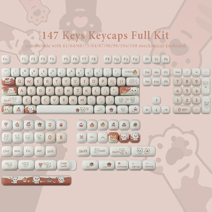 PBT Keycaps 147 Keys MOG Profile Keycap, Pink Dessert Cat Keycaps Dye-Sublimation Cute Custom Keycap for Cherry Gateron MX Swithes Mechanical Keyboards