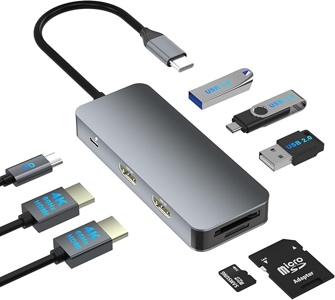 Dual HDMI Adapter for 2 Monitors, Laptop Docking Station Dual Monitor, HDMI Splitter for Dual Monitors, 4K@60hz Double Monitor Adapter, USB C Docking Station for Dell/HP/Mac Laptop