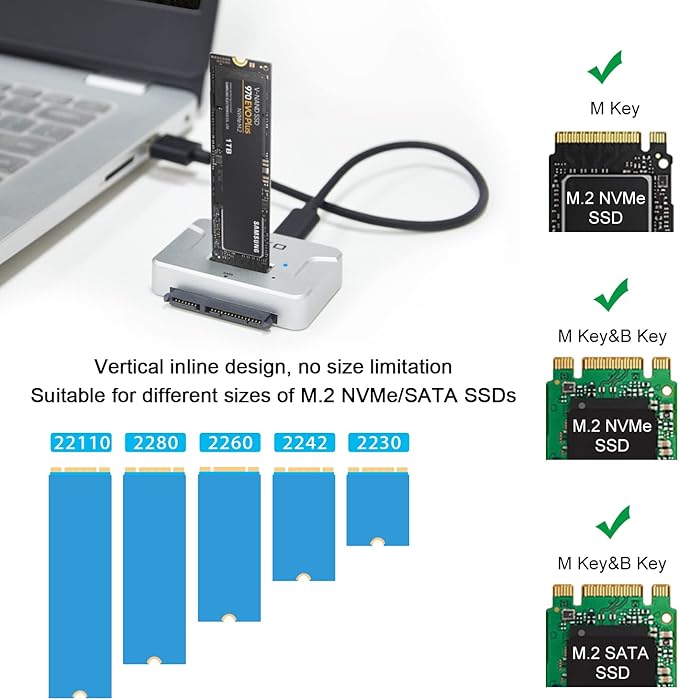 M.2 SATA/NVMe to USB Docking Station,Hard Drive Reader Adapter, External M.2 SSD Enclosure for M.2 PCIe NVMe and SATA SSDs, Compatible with SATA III HDD/SSD (M.2 Dock or SATA Adapter)