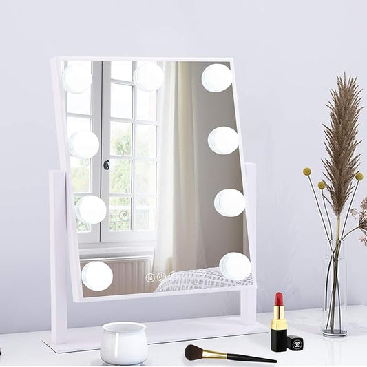 Lighted Makeup Mirror Hollywood Mirror Vanity Mirror with Lights, Touch Control Design 3 Colors Dimable LED Bulbs, Detachable 10X Magnification, 360°Rotation, (White) 12" L x 14" W