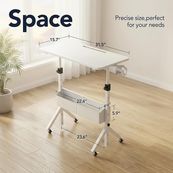 HUANUO Mobile Standing Desk with Wheels and Storage Basket, Height Adjustable 28.7"-46.1" Rolling Desk for Walking Pad, Small Space Laptop Computer Workstation for Home Office,White