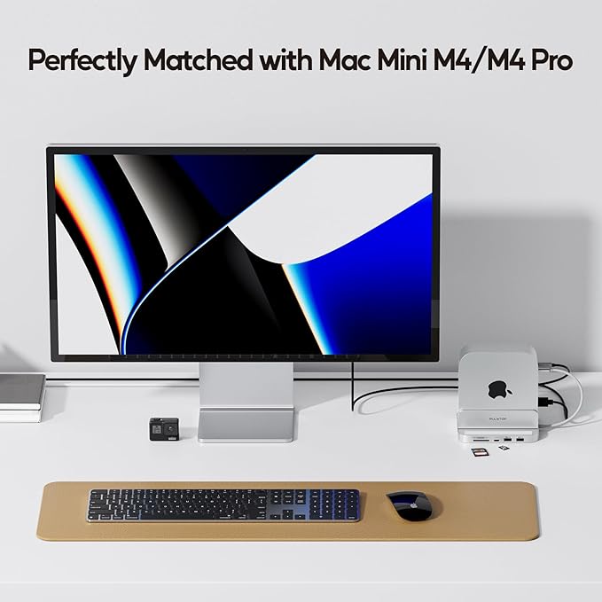 Mac mini M4 Dock with 4TB M.2 SSD Enclosure, 8-in-1 Aluminum Vertical USB-C Hub for Mac mini M4 Pro Hub Stand with USB-A/C 3.2 10Gbps, 2xUSB-A 2.0, 3.5mm Audio, SD/TF (SSD NOT Included)