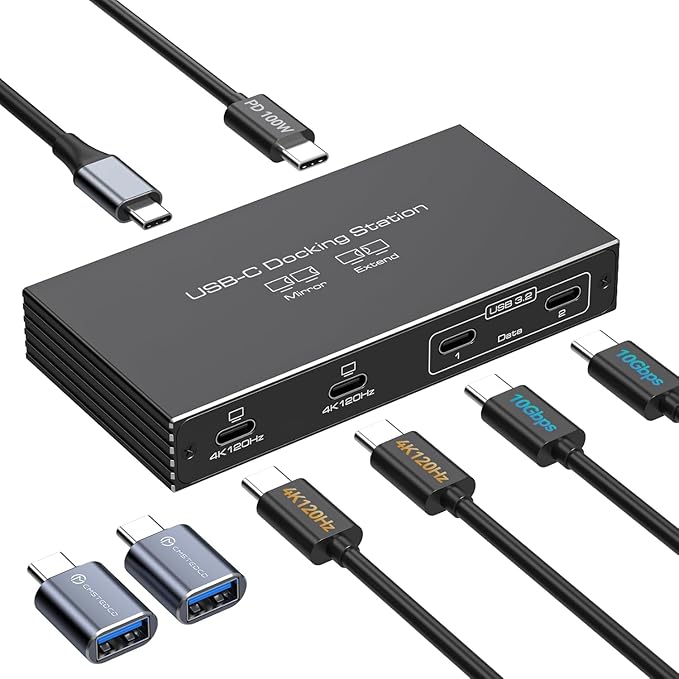 4K120Hz USB C Splitter Dual Monitor Adapter Thunderbolt Splitter 6-in-1 USB C Hub with DP Alt Mode Video Output, 10Gbps Data Transfer 100W PD Charging for Laptop Portable Monitor (Deep Black)