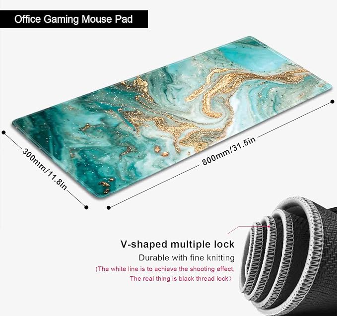 Large Mouse Pad, Extended Gaming Mousepad with Stitched Edges Rubber Base, Modern Teal Keyboard Mouse Mat Desk Pad for Work, Office, Home, 31.5 X 11.8 Inch - Green & Gold Marble Texture Art