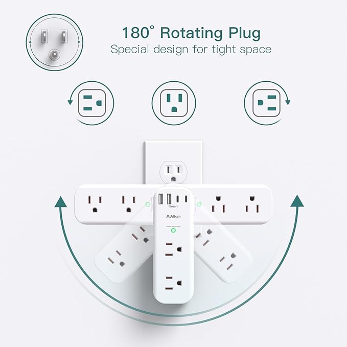 Surge Protector Wall Outlet Extender, Multi Plug Outlet with Rotating Plug, 6 AC Outlets 4 USB Ports (2 USB C), 1800J, 3-Side Power Strip Wall Mount, Outlet Splitter for College Dorm Travel Essentials
