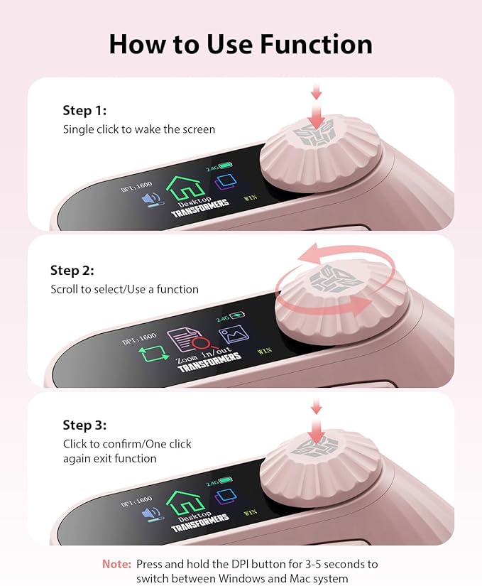 Transformers Vertical Ergonomic Mouse with LED Screen & Knob Control, Rechargeable Vertical Mouse Wireless, 3-Device Connectivity (2.4G + Dual Bluetooth), Computer Mice for PC/Mac/Laptop, Pink