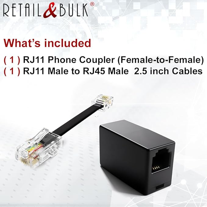 1-Pack RJ11 to RJ45 Adapter Phone Line to Ethernet – RJ11 Female to RJ45 Male for Landline, Fax, DSL Modem Connection (Black, Made in USA)
