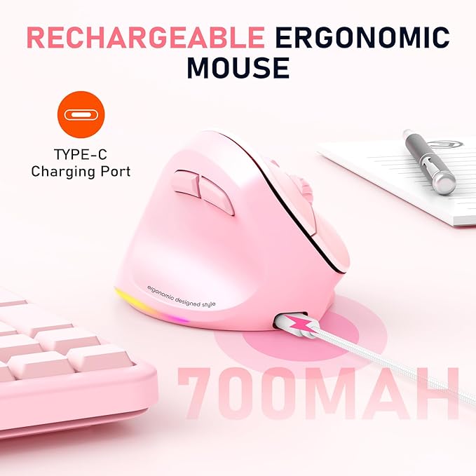 MEETION Left-Handed Mouse, Ergonomic Mouse Wireless Vertical Mouse, RGB Mice for Bluetooth(5.2 + 3.0) & USB-A with Type-c Adapter 4 Adjustable DPI for Mac/Windows/Tablet/iPad/PC Pink