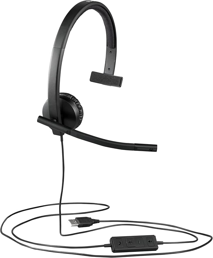 Logitech H570e Wired Headset, Mono Headphones with Noise-Cancelling Microphone, USB, In-Line Controls with Mute Button, Indicator LED, PC/Mac/Laptop - Black