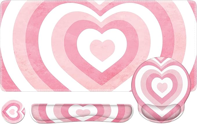 iLeadon Pink Desk Mat, Desk Pad + Pink Mouse Pad with Wrist Rest + Keyboard Wrist Rest + Coaster, 4in1 Mouse Pad Set, Mouse and Keyboard Pad for Home Office, Heart Pink