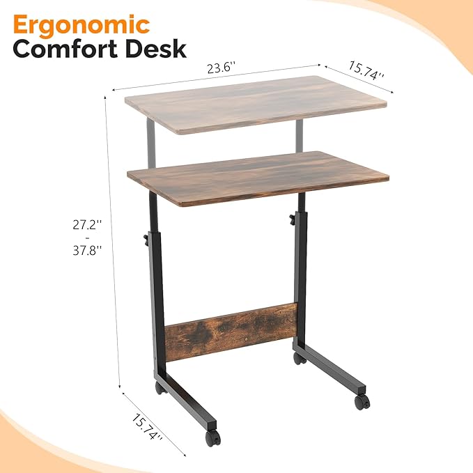 FCH Portable Computer Workstation, Standing Desk Adjustable Height, Small Computer Desk w/Rolling, Sit Stand Laptop Desk TV Tray for Bed Sofa Hospital Reading Eating, Rustic Brown, 23.6"