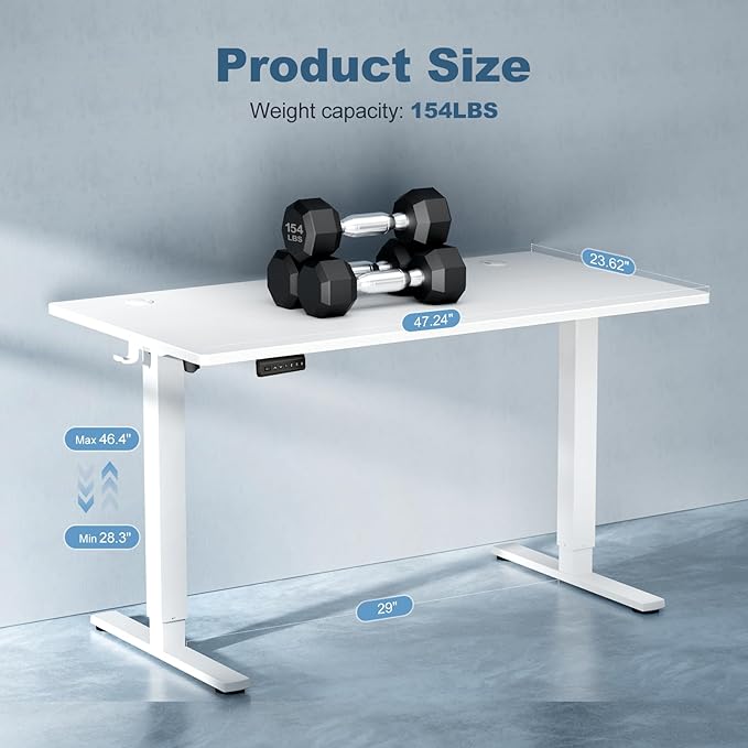 DUMOS 48 Inch Electric Standing Desk Height Adjustable, Sit to Stand Up Computer Workstations Work PC Table Home Office Study Writing Gaming Desks with Memory Presets for Walking Pad, Bedroom, White