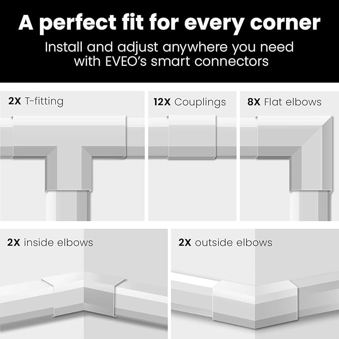 EVEO Cable Hider Wall 306” - Cable Raceway Cord Hider - Wire Covers for Cords on Wall, Cord Cover, Wall Cable Hider, Cable Concealer, Wire Hiders for TV on Wall - 20X (L16 W0.95 H0.5) - Medium | Black