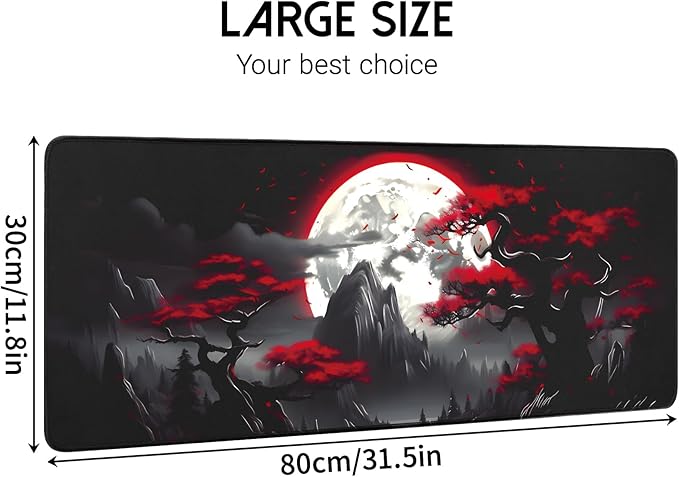 Large Gaming Mouse Pad, Anime Black Mousepad with with Non-Slip Base, Expanded Cool Desk Mat, Mountain Moon Scenery XL Keyboard Mat Suitable for Home Office,31.5 X 11.8 Inch